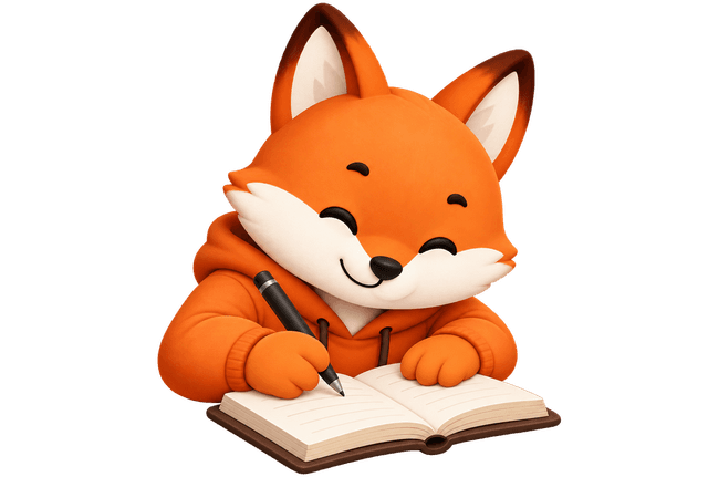 Finn, the Myndivo fox, studying with a notebook and pen