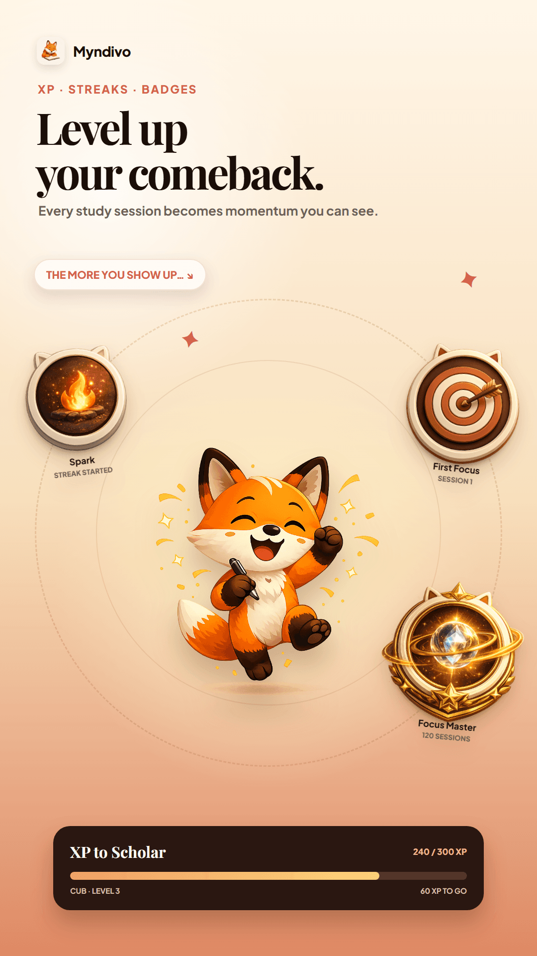 Finn celebrating Myndivo XP, streaks, and varied study achievements